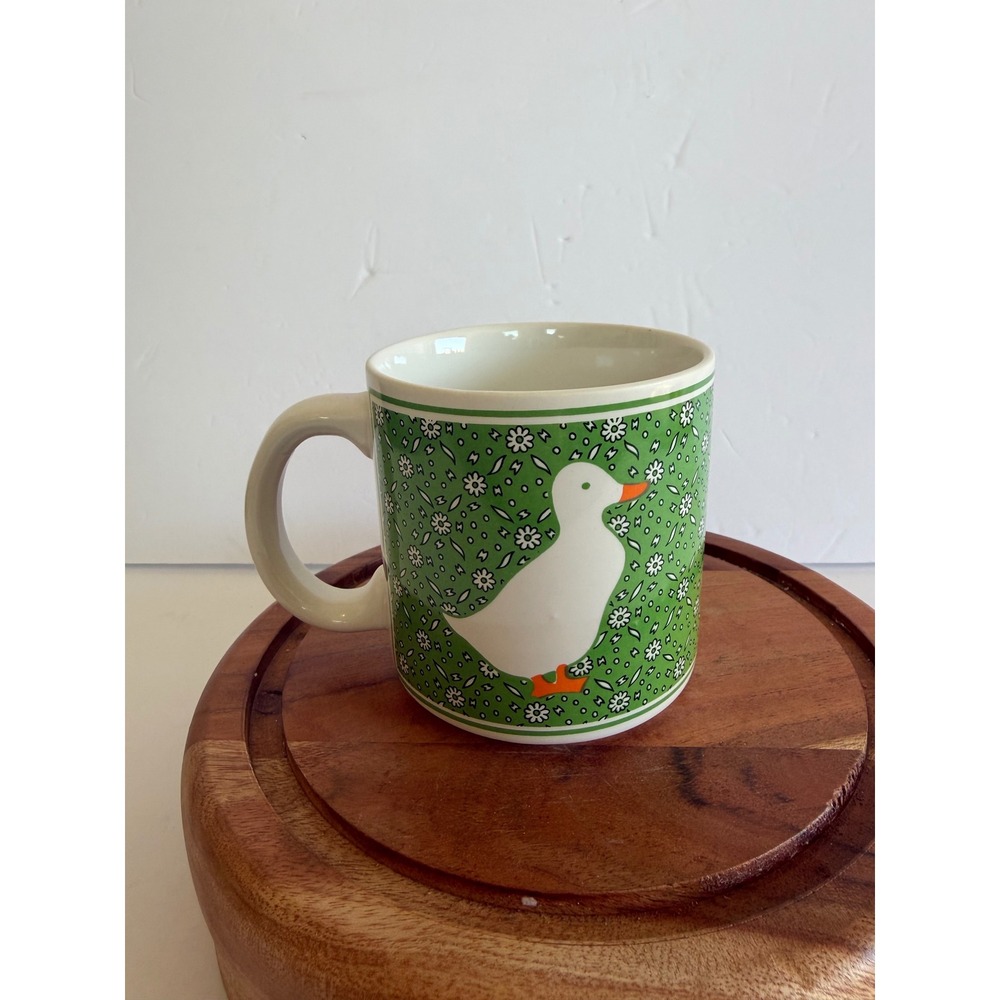 Vintage JSNY Green Calico Duck Coffee Mug Ceramic Farmhouse Cottagecore Taiwan